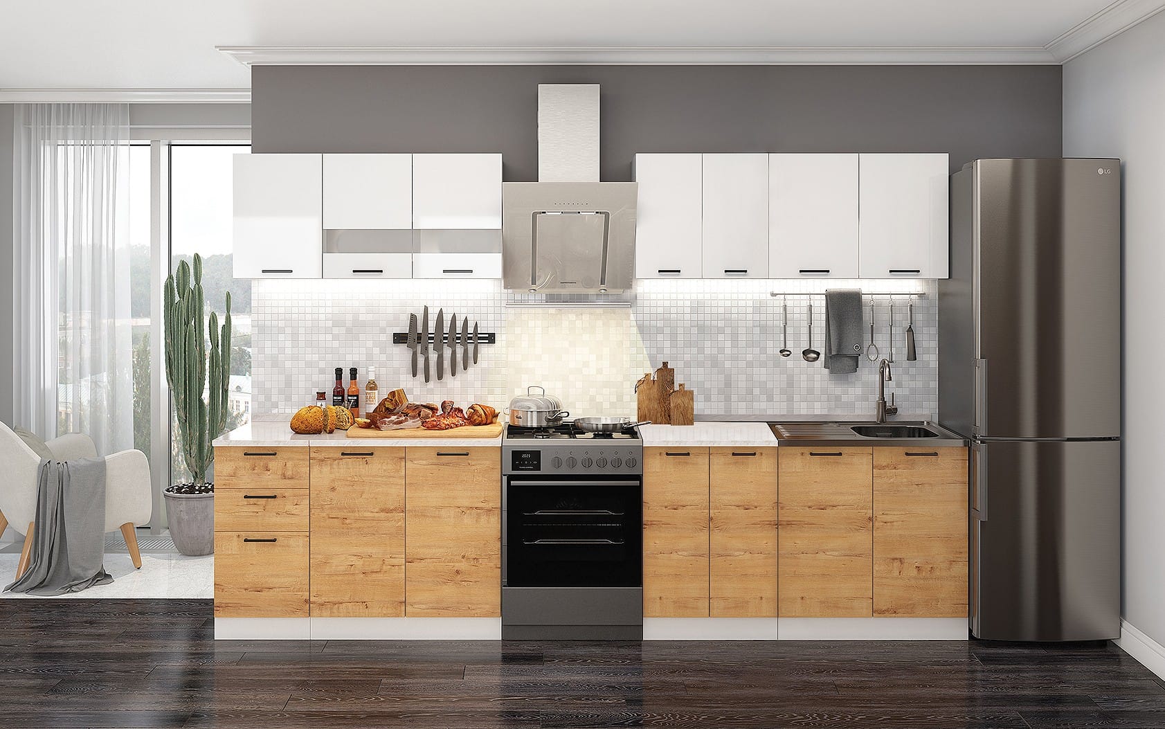 bucatarie-dusea-26m-alb-lucios-stejar-bunrati Bucatarie Dusea 2,6 m, Alb lucios & Stejar Bunrati - imagine 1