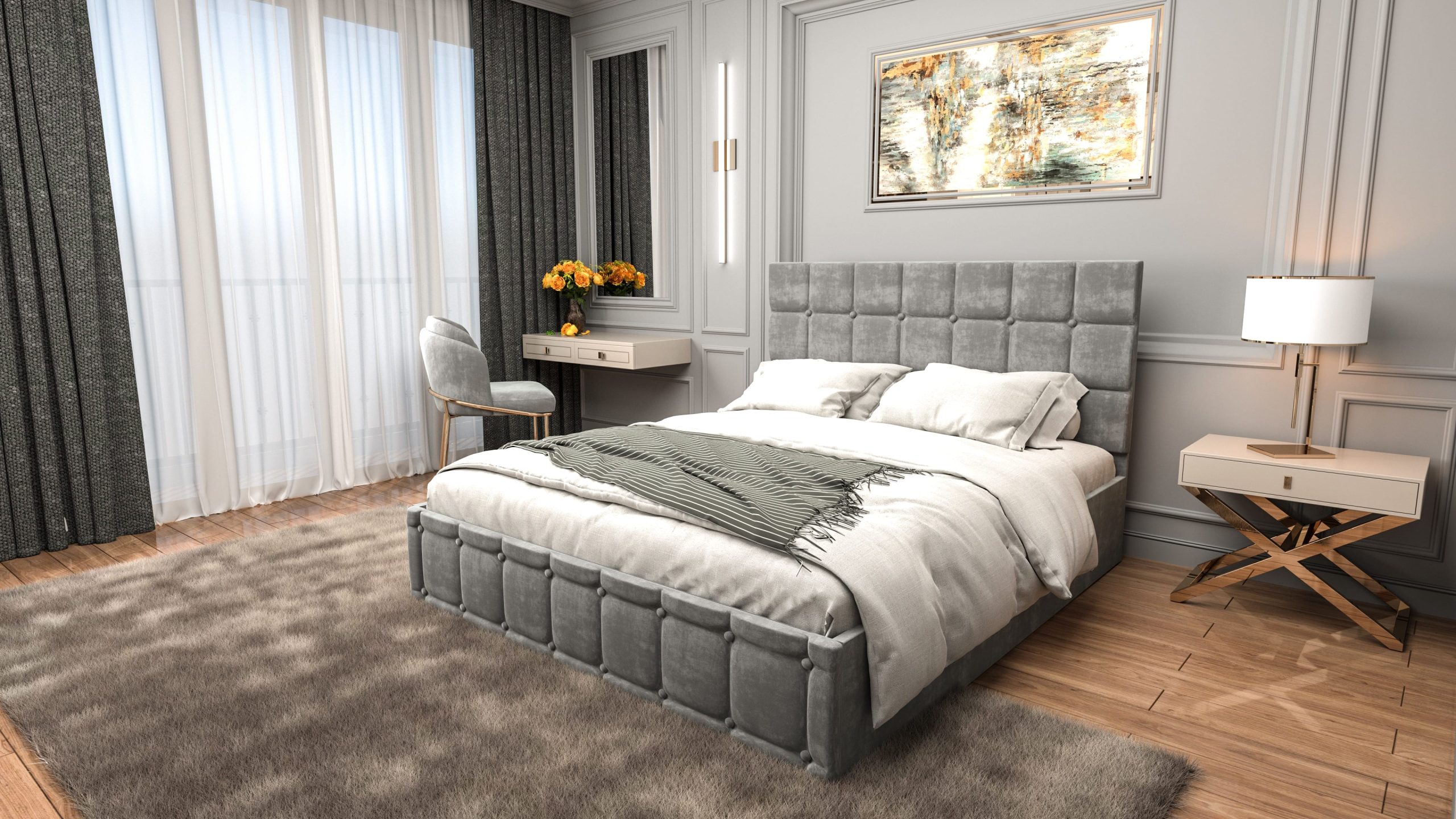 gri3 Pat tapitat cu lada de depozitare Royal, 160x200 cm, Gri - imagine 1