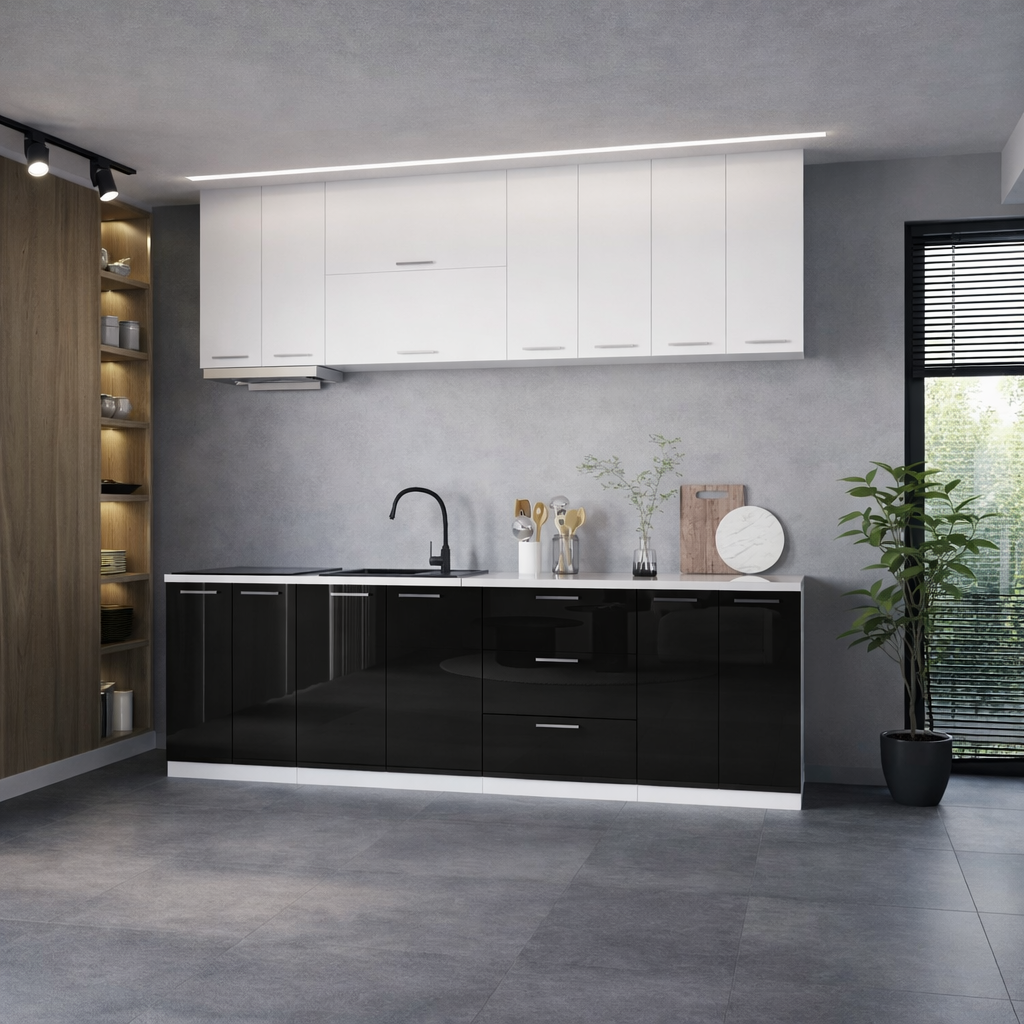 bucatarie-love-260-alb:negru Bucatarie Love MDF lucios, 260 cm, Alb/Negru - imagine 1