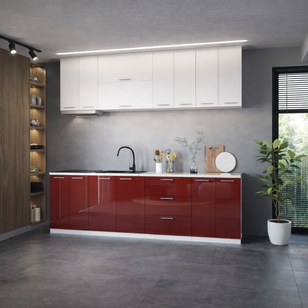Bucatarie Love MDF lucios, 260 cm, Alb/Rosu