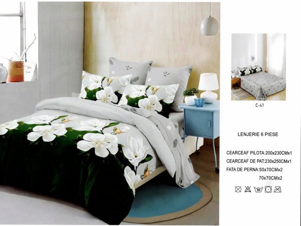 Lenjerie de pat Finet Gros, 6 piese, Verde & Iris