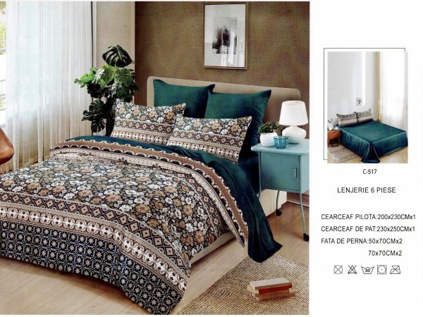 Lenjerie de pat Finet Gros, 6 piese, Verde & Multifloral