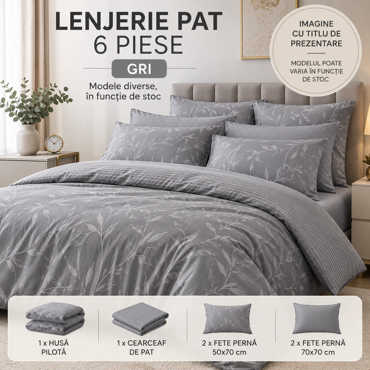 lenjerie-gri Lenjerie de pat Finet Gros, 6 piese, Gri - imagine 1