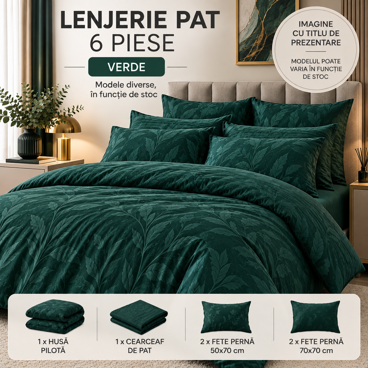 lenjerie-vrd Lenjerie de pat Finet Gros, 6 piese, Verde - imagine 1