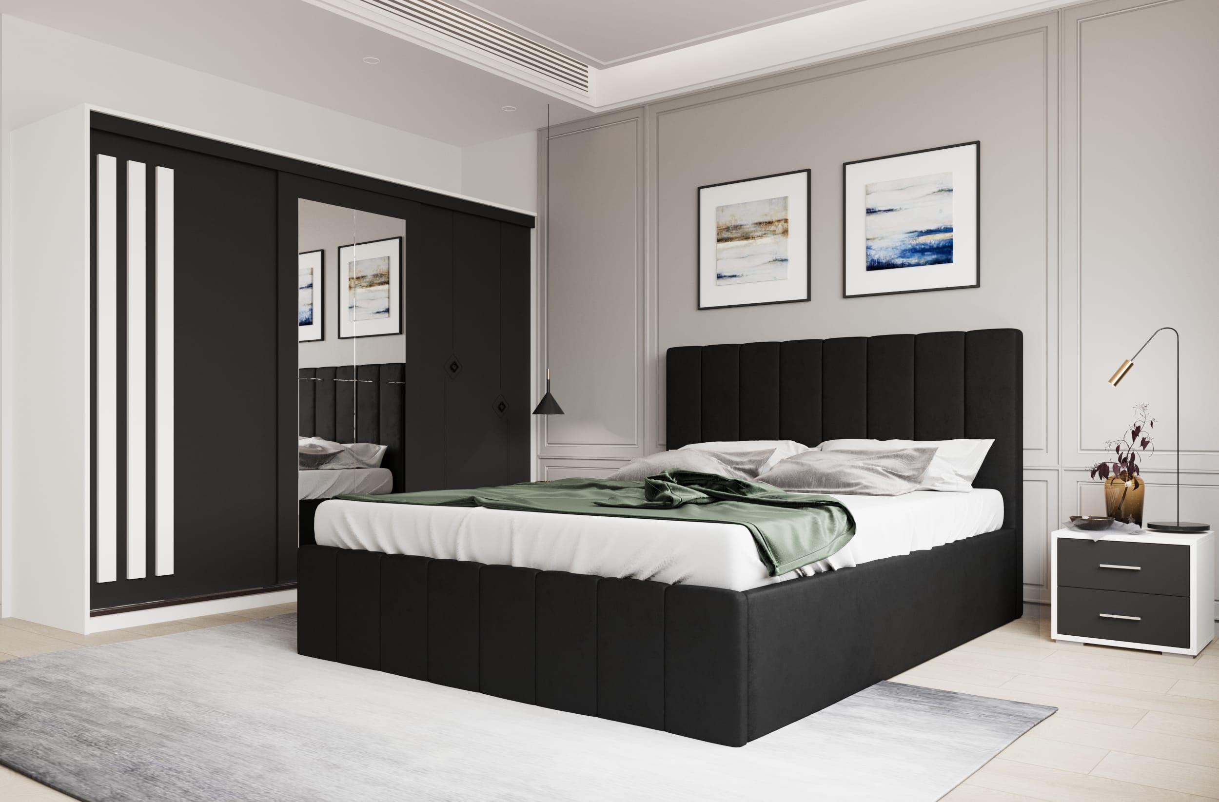 set-dormitor-prado-negru-dulap-alb:gri Set dormitor Prado Negru cu dulap Paris Alb/Gri - imagine 1