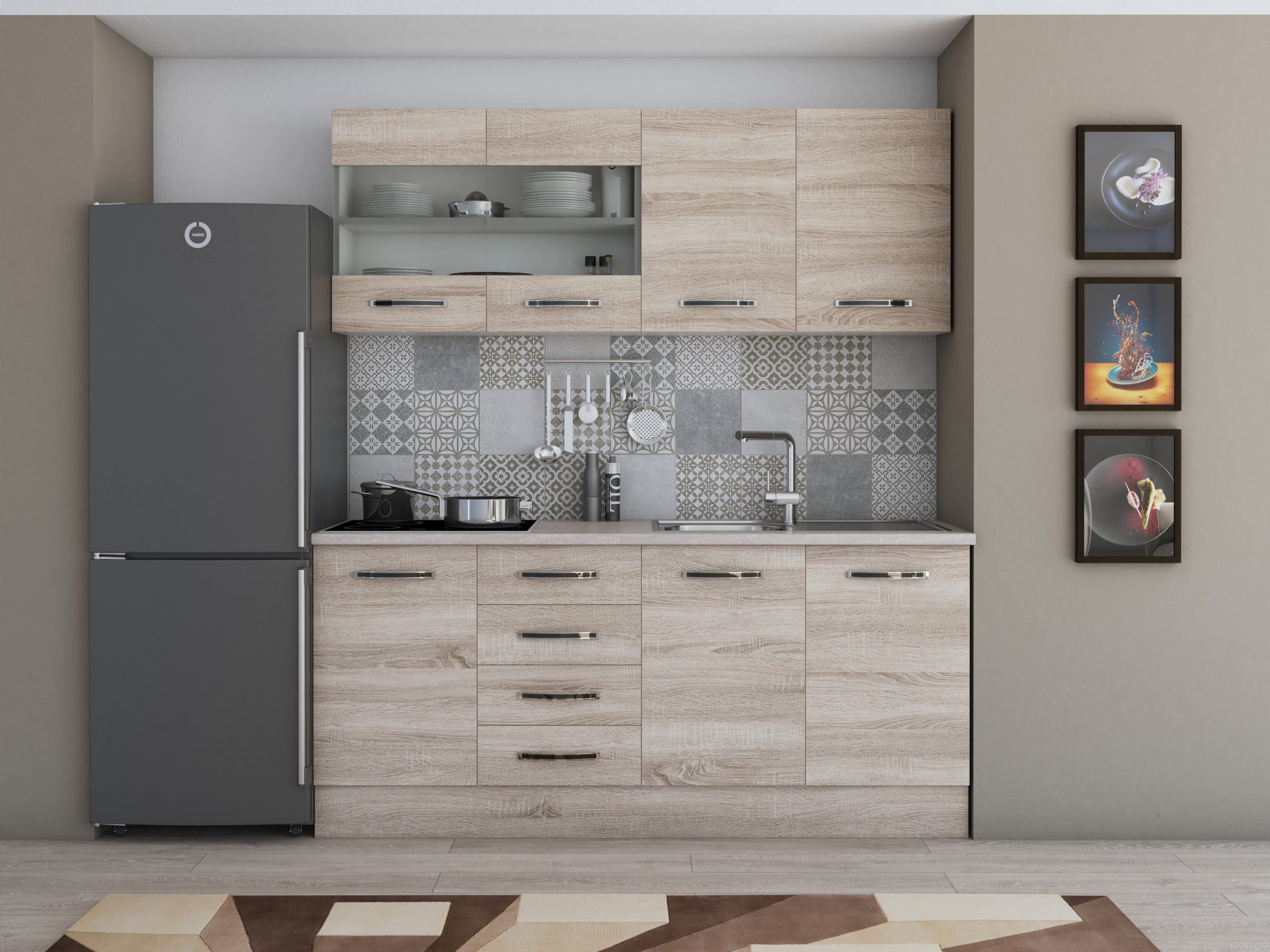 bucatarie-alfabet-180-sonoma Bucatarie Alfabet cu corp vitrina, 180 cm, Sonoma - imagine 1