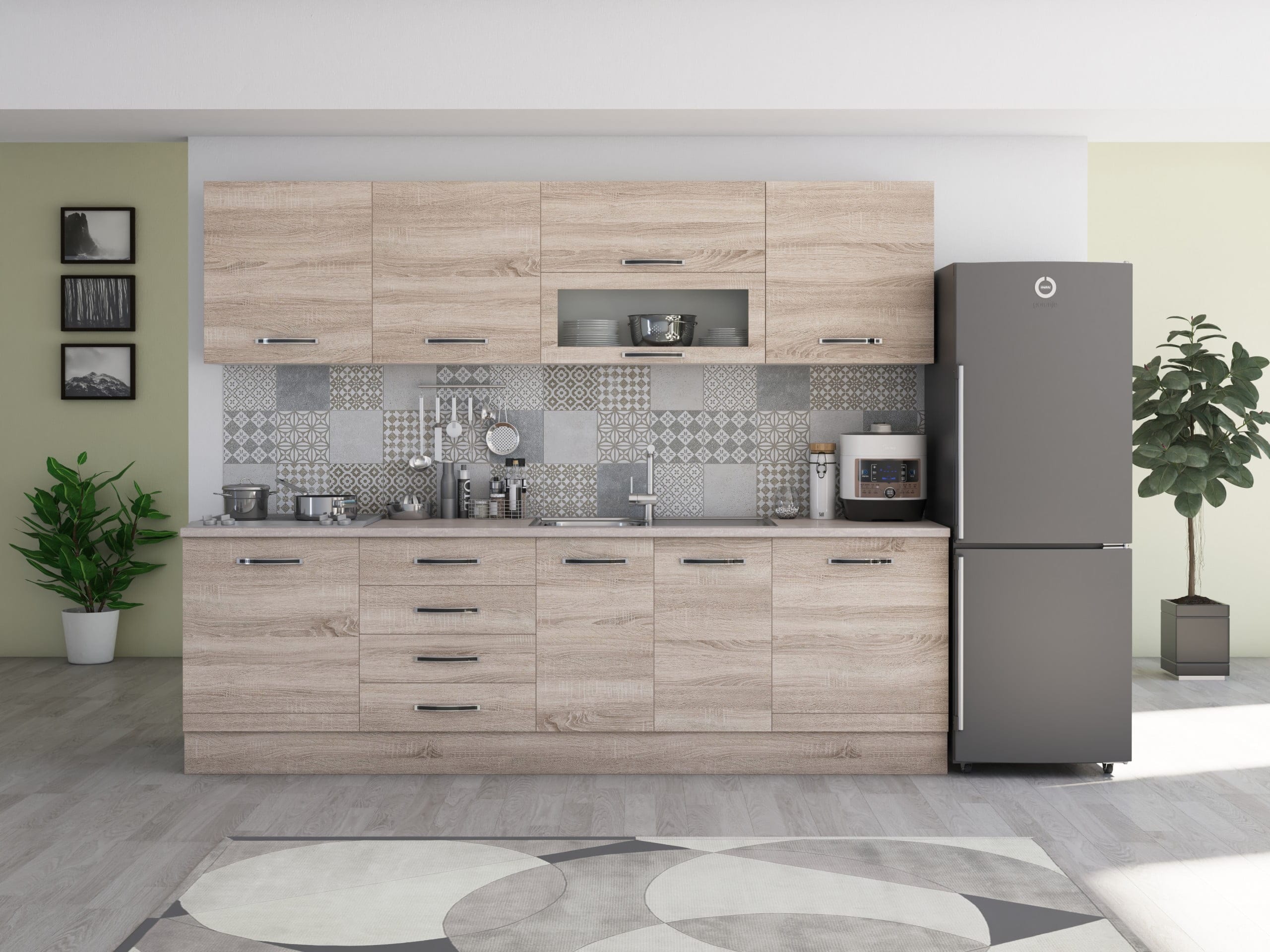 bucatarie-alfabet-260-sonoma Bucatarie Alfabet cu corp vitrina, 260 cm, Sonoma - imagine 1