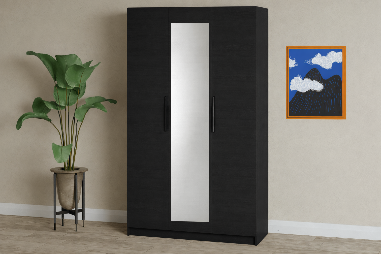 dulap-iris-3u-lemn:negru Dulap Iris 3 usi cu oglinda, 120 cm, Lemn negru - imagine 1