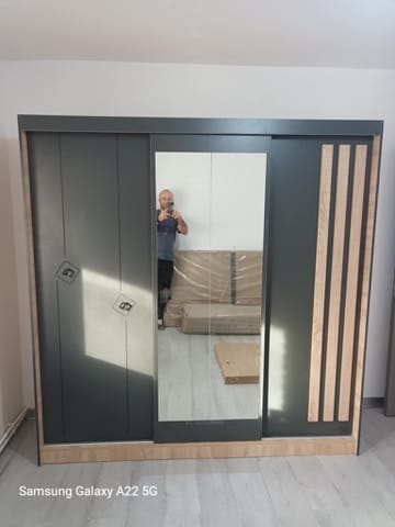 Click to view full screen Dulap dressing Paris 3 usi cu oglinda, 200 cm, Sonoma/Gri photo review