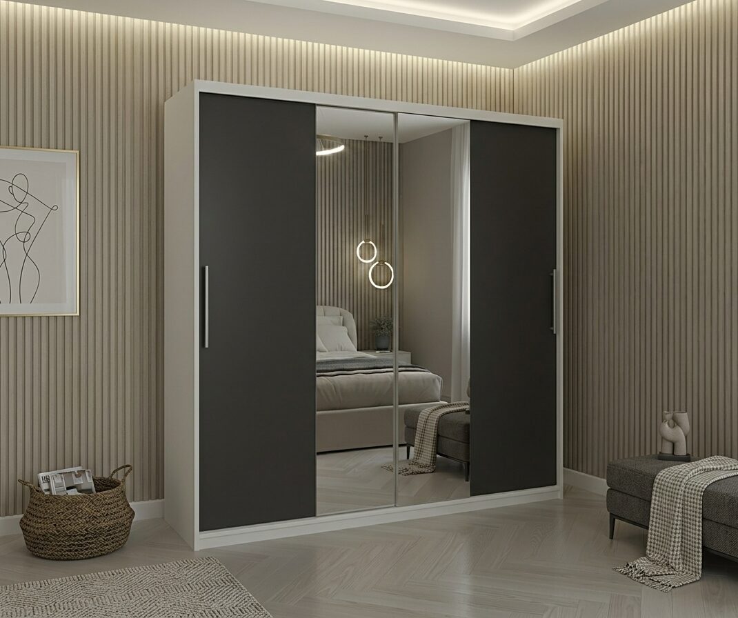 Dulap dressing Londra 2 usi cu oglinda, 200 cm, Alb/Gri