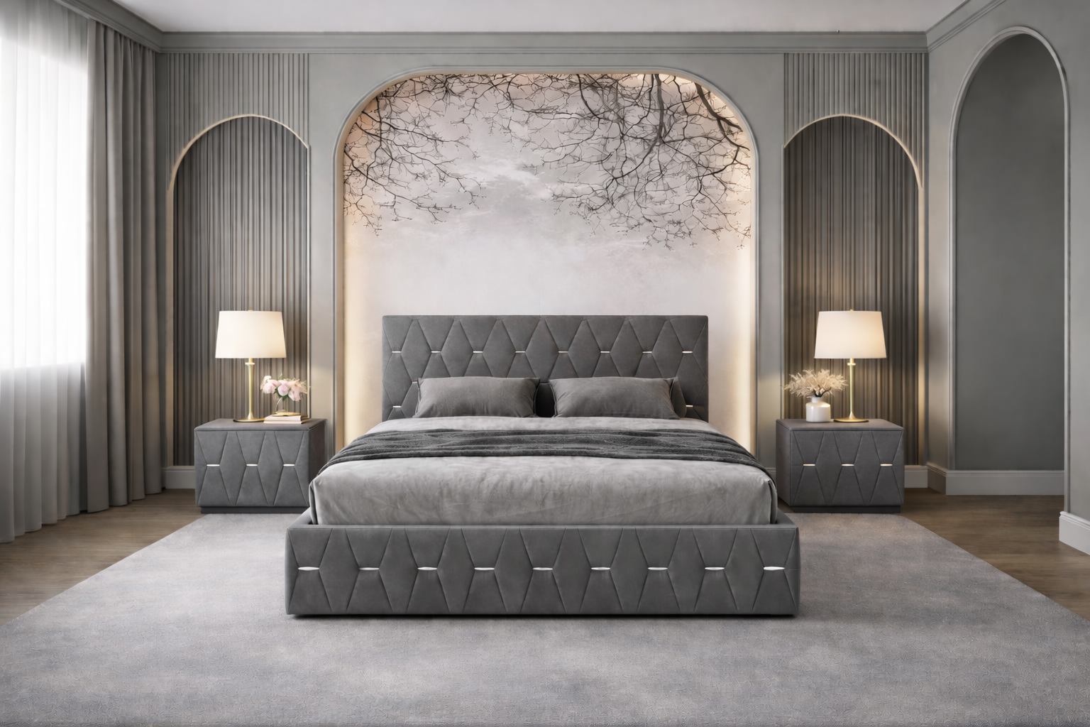 pat-cu-noptiere-nova-gri Pat tapitat Nova 160x200 cm, Gri + Saltea Superortopedica Gold, grosime 23 cm + Set 2 noptiere Nova, Gri - imagine 1