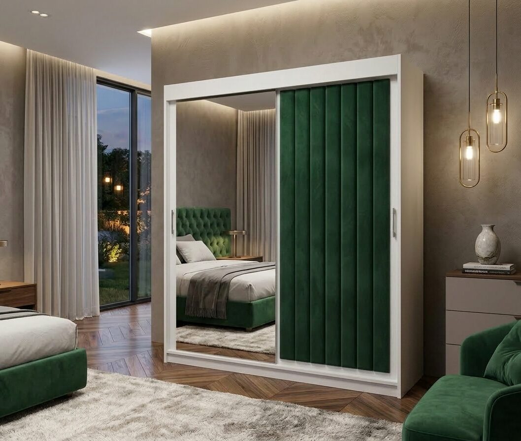 Dulap dressing tapitat Cairo 2 usi cu oglinda, 150 cm, Alb/Verde