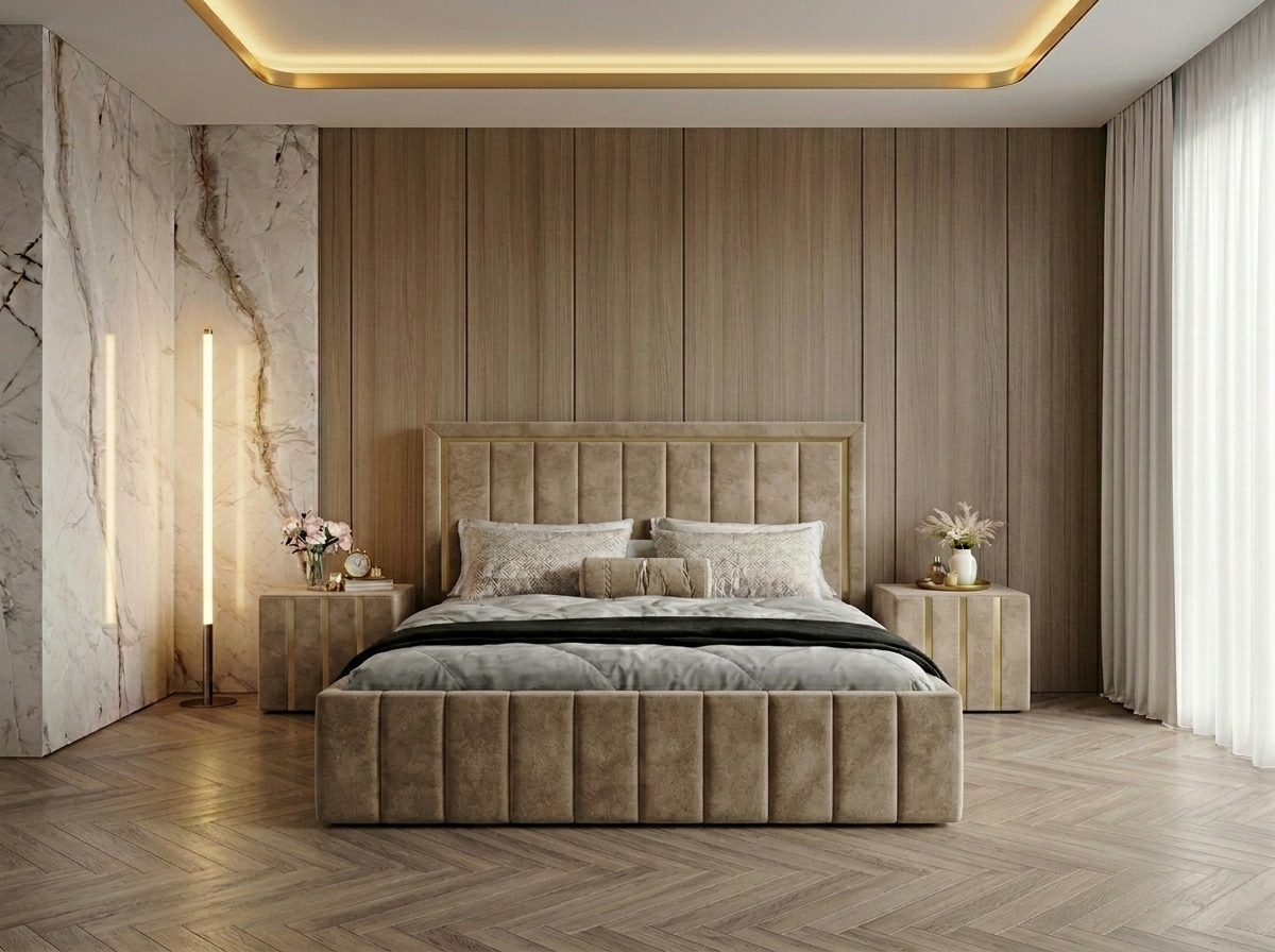 Pat tapitat Atena 180x200 cm, Bej + Saltea Superortopedica Gold, grosime 20 cm + Set 2 noptiere Hugo, Bej
