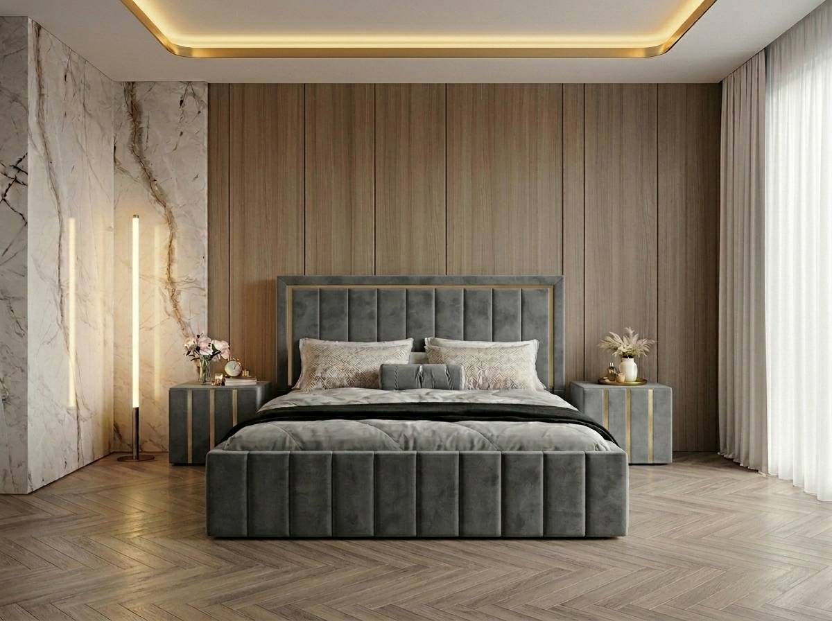 Pat tapitat Atena 180x200 cm, Gri + Saltea Superortopedica Gold, grosime 20 cm + Set 2 noptiere Hugo, Gri