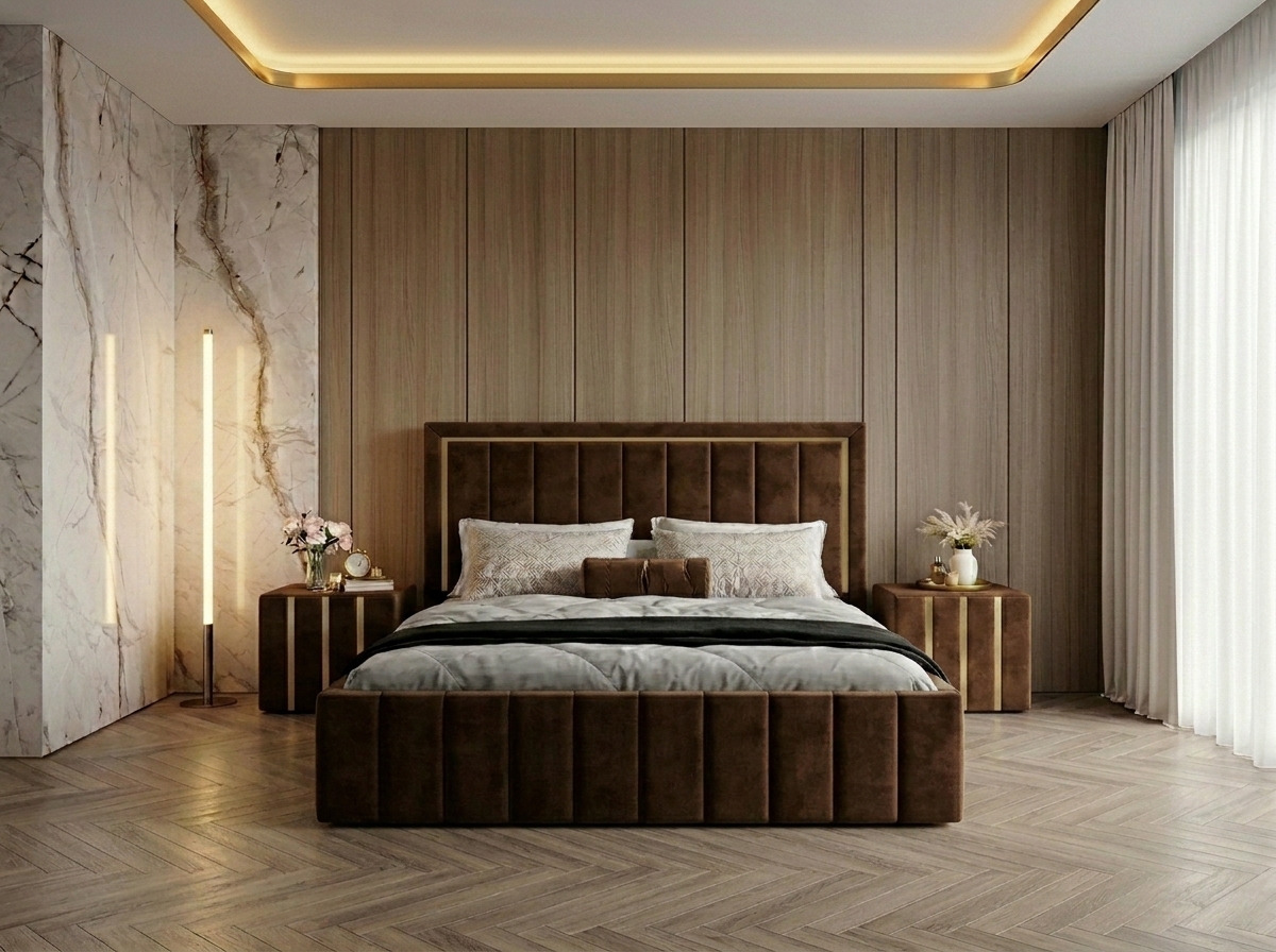 Pat tapitat Atena 180x200 cm, Maro + Saltea Superortopedica Gold, grosime 20 cm + Set 2 noptiere Hugo, Maro