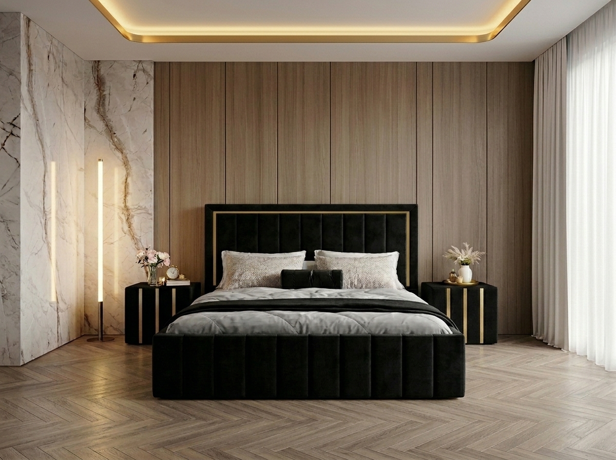 Pat tapitat Atena 180x200 cm, Negru + Saltea Superortopedica Gold, grosime 20 cm + Set 2 noptiere Hugo, Negru