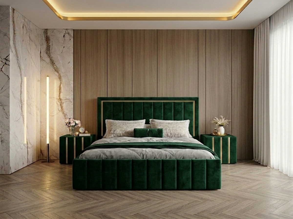 Pat tapitat Atena 180x200 cm, Verde + Saltea Superortopedica Gold, grosime 20 cm + Set 2 noptiere Hugo, Verde