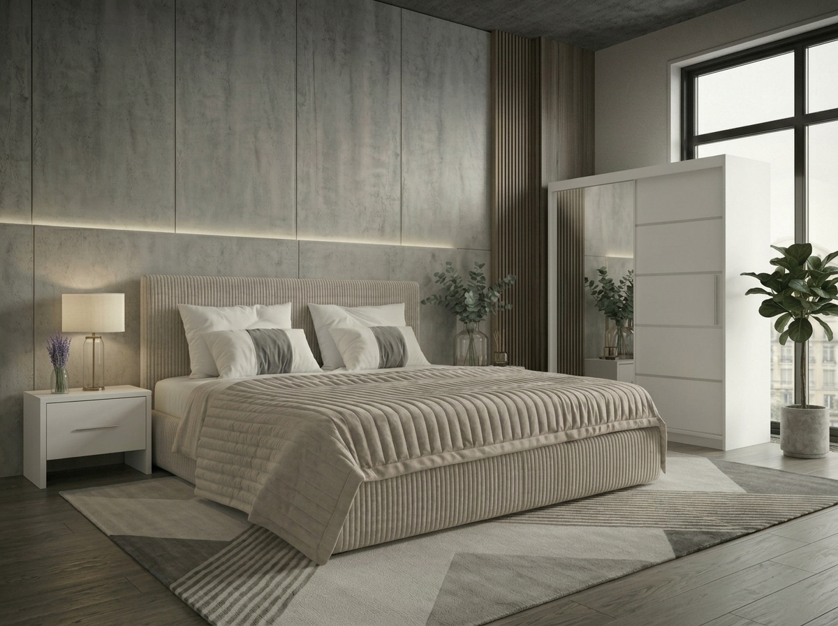 Set dormitor Malibu Bej cu dulap Atlantic 150 cm Alb