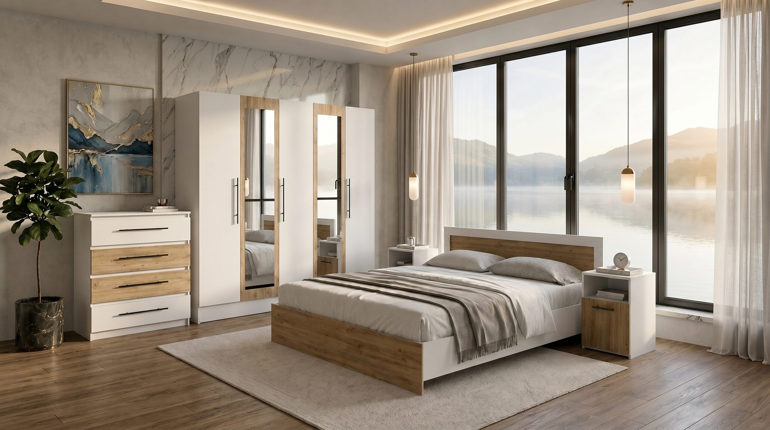 Set dormitor Barcelona, 5 piese, Alb/Stejar Artisan